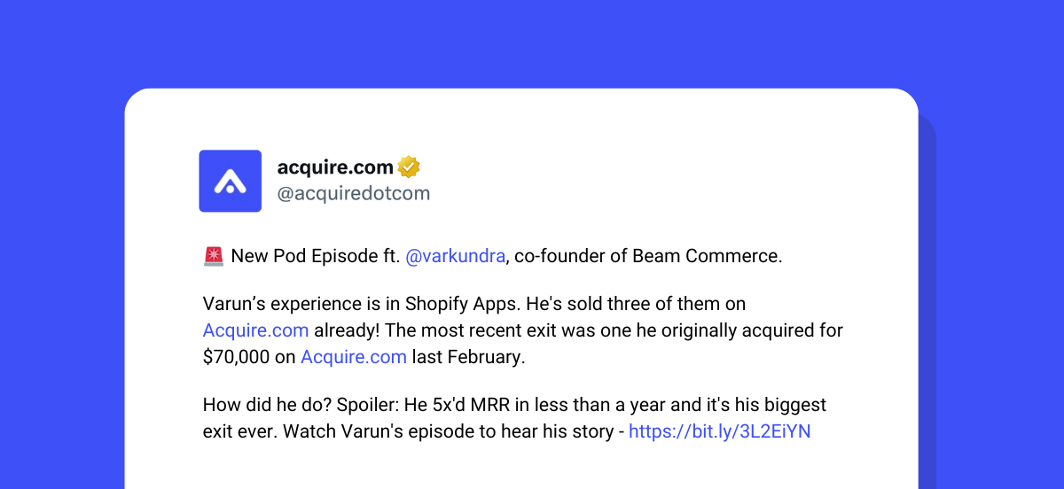 Varun Kundra, latest guest on the Startup Acquisition Stories Podcast